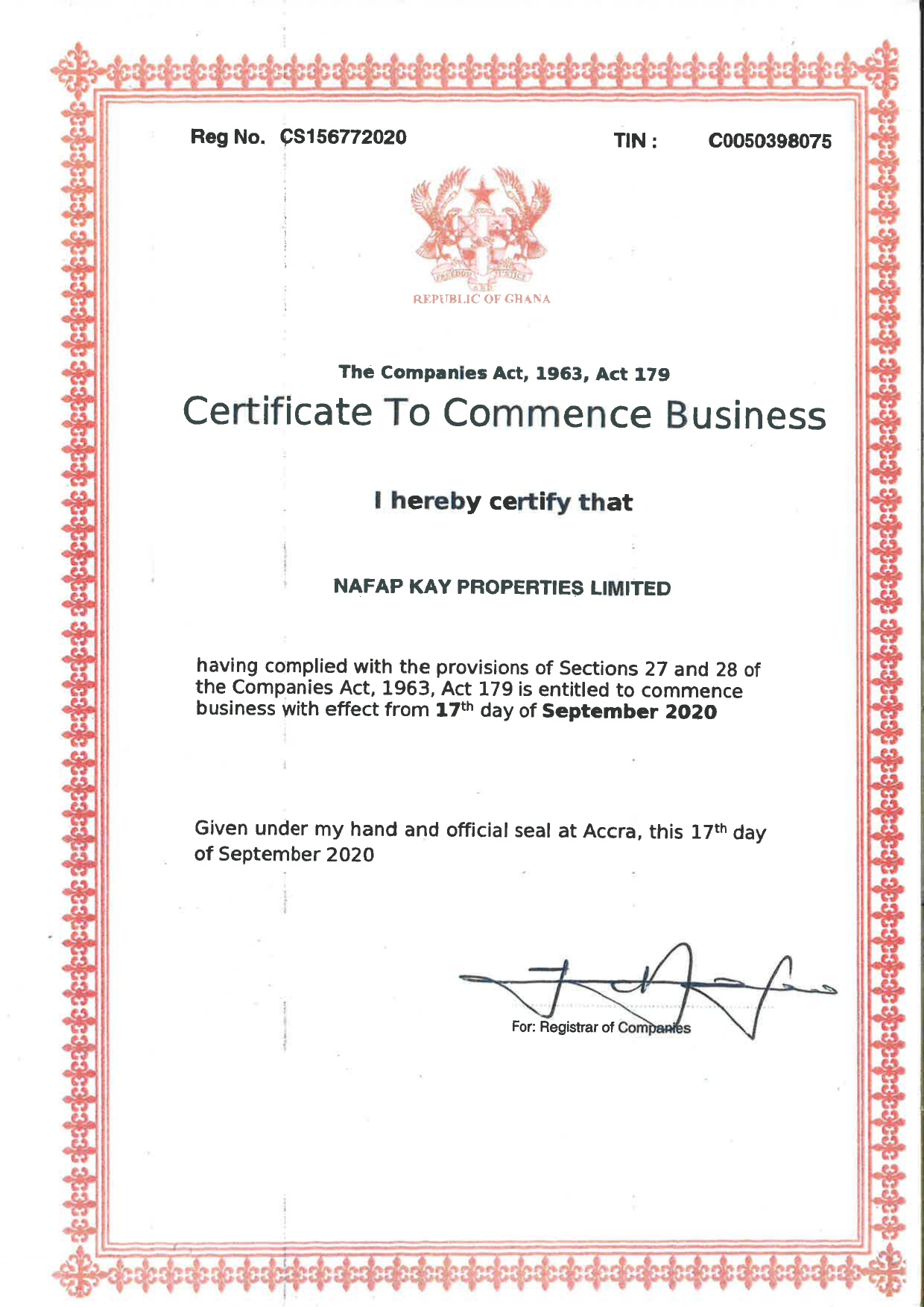 Certificate to Commence Business